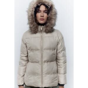 ZARA Faux Fur Hooded Puffer Jacket Champagne Beige L
